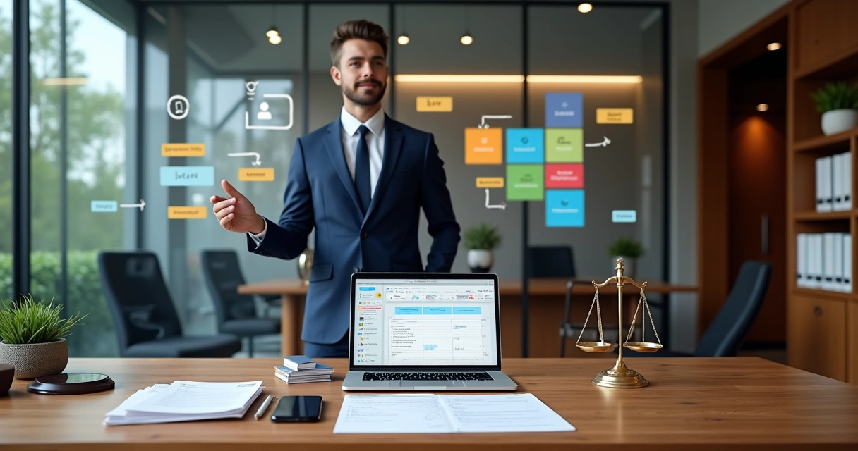 Advogado elaborando plano de marketing jurídico em mesa com símbolos digitais de justiça 