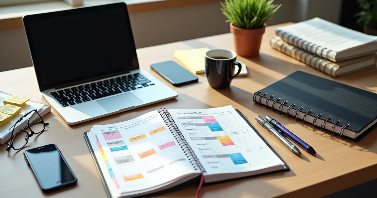 Mesa de advogado com planner semanal colorido, notebook e agenda jurídica abertos 